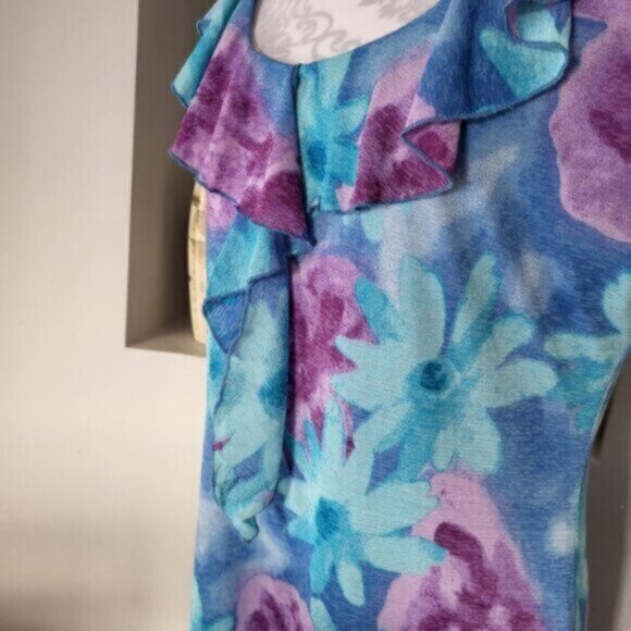 Vintage 90s Sleeveless Floral Teal Blue Dress Size 10 womens - Picture 6 of 16